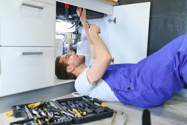 Brigádník na pomocných pracích instalatéra v Ostravě pod kuchyňskou skříňkou